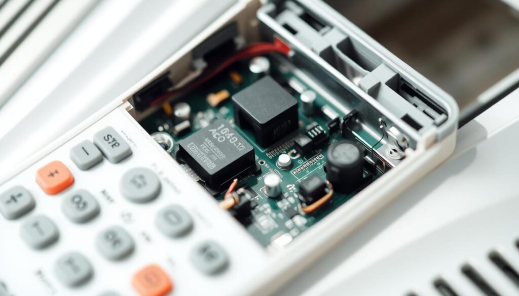 A close-up view of a disassembled air conditioner remote control, showcasing its internal components and circuit board. The lighting is bright and evenly distributed, allowing for clear visibility of the intricate details. The camera angle is slightly elevated, providing a technical and analytical perspective. The scene conveys a sense of focused investigation, with the remote control occupying the central focus and the background blurred to maintain visual clarity. The overall mood is one of problem-solving and diagnostic exploration, reflecting the subject matter of the article section.