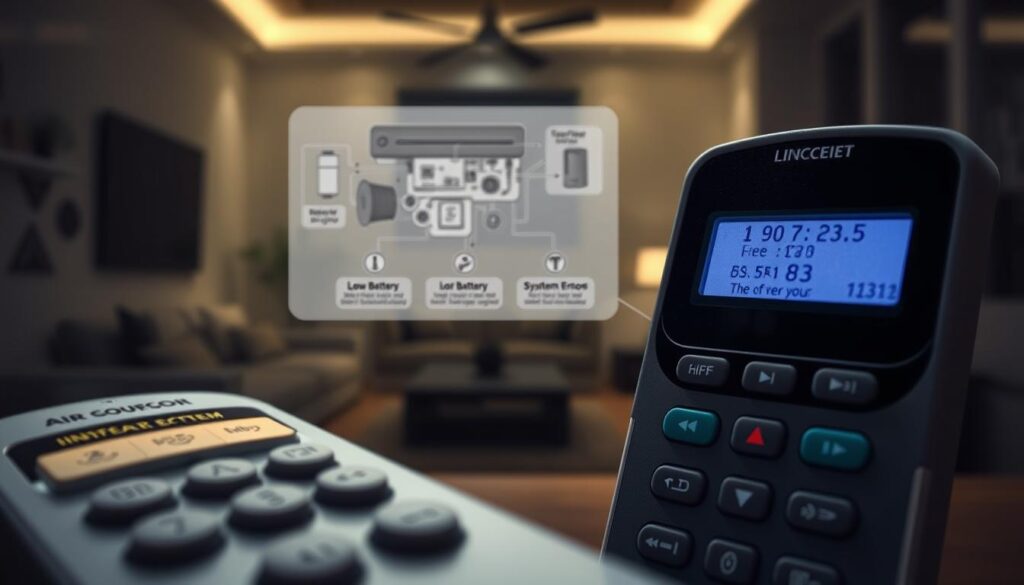 A close-up view of a locked air conditioning remote control, displaying the various reasons for its malfunction. The foreground showcases the remote's buttons and display, with some buttons highlighted to indicate potential issues like low battery, interference, or a system error. The middle ground features a technical diagram of the remote's internal components, while the background depicts a dimly lit, modern home interior setting to contextualize the scene. The overall mood is one of troubleshooting and problem-solving, with a focus on the causes behind the remote's locked state.
