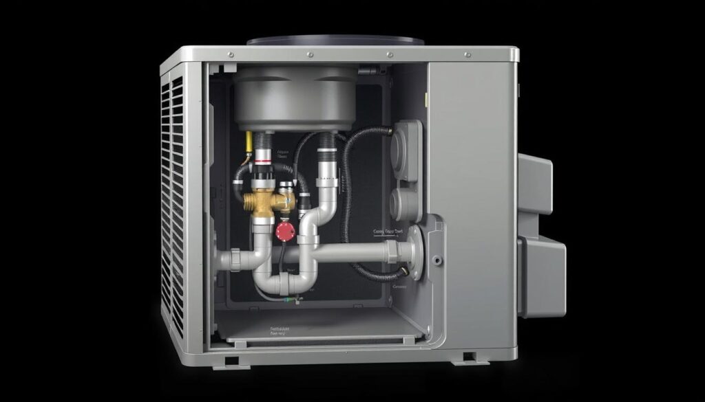 A detailed cross-section of a residential air conditioning unit's drainage system, showcasing the various components and their functions. The image should depict the condensate drain line, drain pan, and any associated valves or sensors, all rendered in a clean, technical style with a neutral color palette. The perspective should be slightly elevated to provide a clear, unobstructed view of the system's inner workings, illuminated by soft, directional lighting that casts subtle shadows to emphasize the form and structure. The overall mood should convey a sense of functional elegance and precision, highlighting the importance of this system in the proper operation of the air conditioning unit.