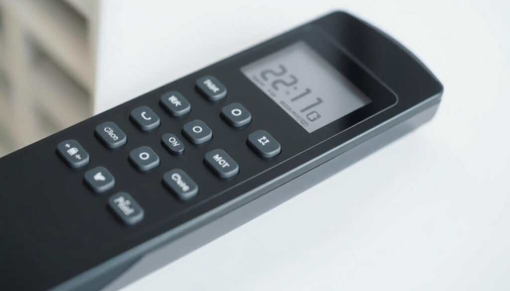 a highly detailed, realistic photograph of a sleek, modern air conditioning remote control, featuring a smooth, glossy black casing with a large LCD display and an array of precise, responsive buttons. The remote is shown in close-up, with careful attention to texture, material, and precise button placement. The lighting is soft and evenly distributed, creating a sense of depth and dimensionality. The background is blurred, allowing the remote to be the sole focus of the image, showcasing its form and functionality in a clean, minimalist style that would complement the article's section on unlocking air conditioning remotes.