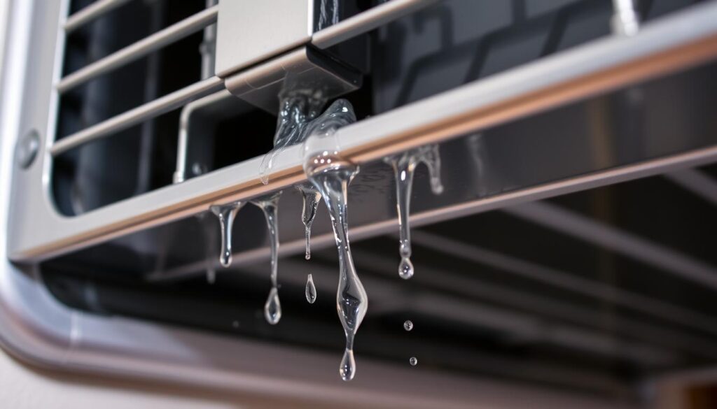 Detailed close-up of condensation dripping from the indoor unit of an air conditioning system. The metallic housing reflects the light, creating a shiny, wet surface. Water droplets cling to the vents and slowly fall, forming a small puddle below. The scene is well-lit, with soft, diffuse lighting accentuating the texture and movement of the water. The background is blurred, keeping the focus on the central condensation issue. The overall mood is one of functionality and technical precision, highlighting the inner workings of the air conditioning unit.