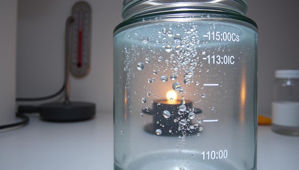 Detailed laboratory scene depicting the formation of condensation over time. In the foreground, a clear glass jar or container filled with cool water, with droplets of condensation forming on the inner surface. The middle ground shows a thermometer or hygrometer monitoring the temperature and humidity levels. In the background, a simple setup with a heat source, such as a warm surface or lamp, creating a contrast in temperature and causing the water vapor in the air to condense. Soft, even lighting illuminates the scene, highlighting the dynamic process of condensation. The overall mood is one of scientific investigation and natural phenomena.