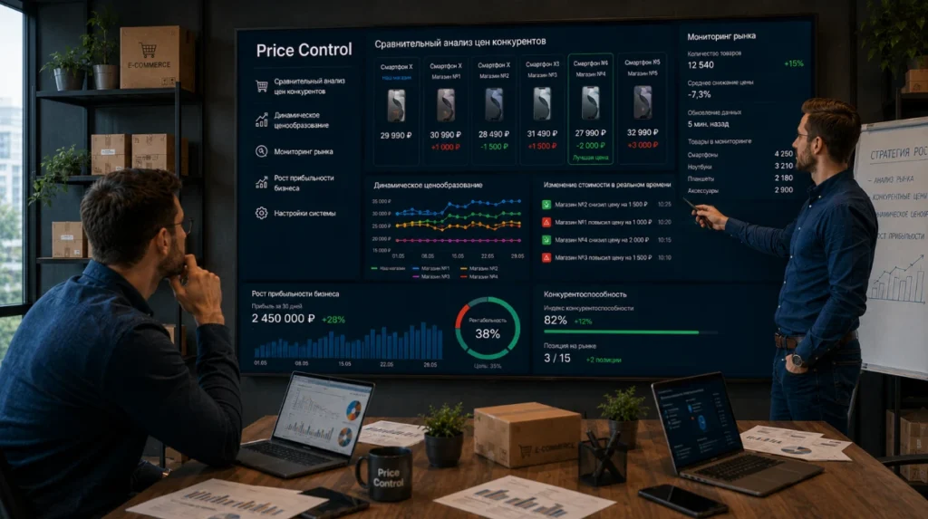 Коммерческий директор и аналитик сравнивают цены конкурентов в Price Control, отслеживая рынок и рост прибыльности бизнеса.